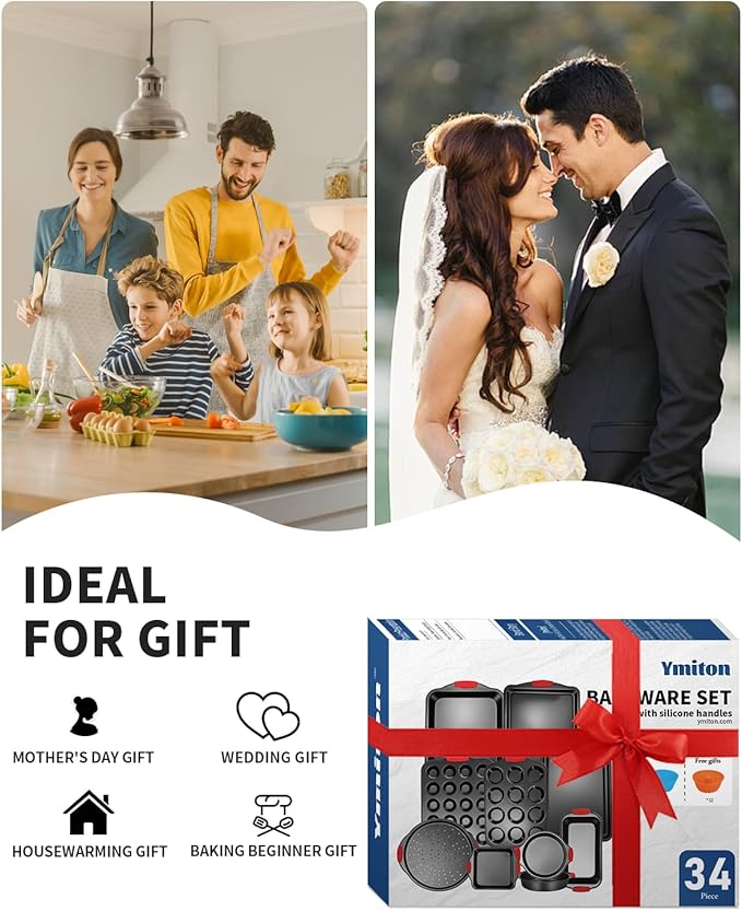 Ymiton Baking Pans Set with Silicone Handles, 34 PCS Nonstick Bakeware Sets, Oven Pan Set Includes Baking Tray, Cookie Sheet, Cake Pans, Loaf Pan, Muffin Pan, Pizza Pan