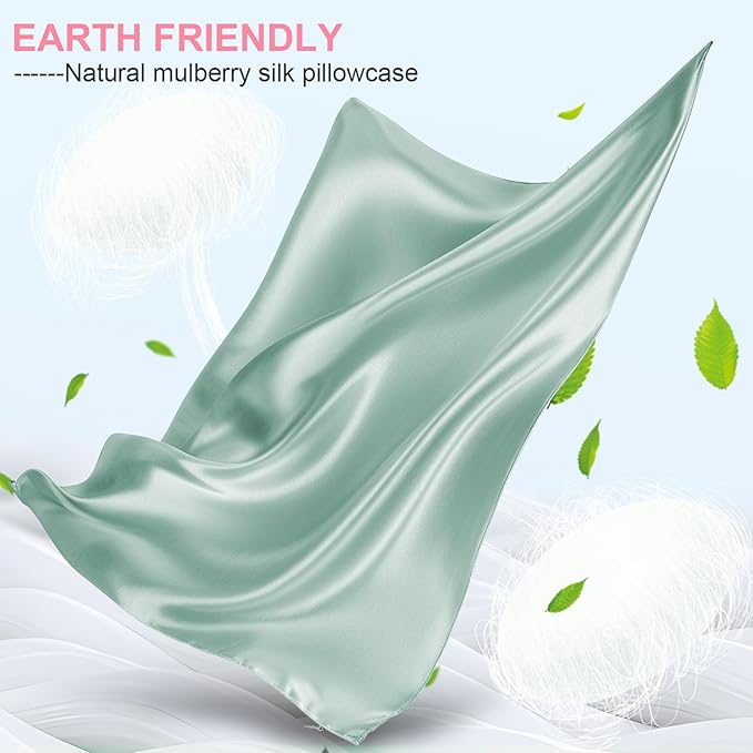 Silk Pillow Cases 2 Pack Standard Size with Hidden Zipper, Mulberry Silk Pillowcase for Hair and Skin, Smooth and Soft Breathable Cooling Silk Satin Pillowcase Set of 2, Gifts for Women，Sage Green