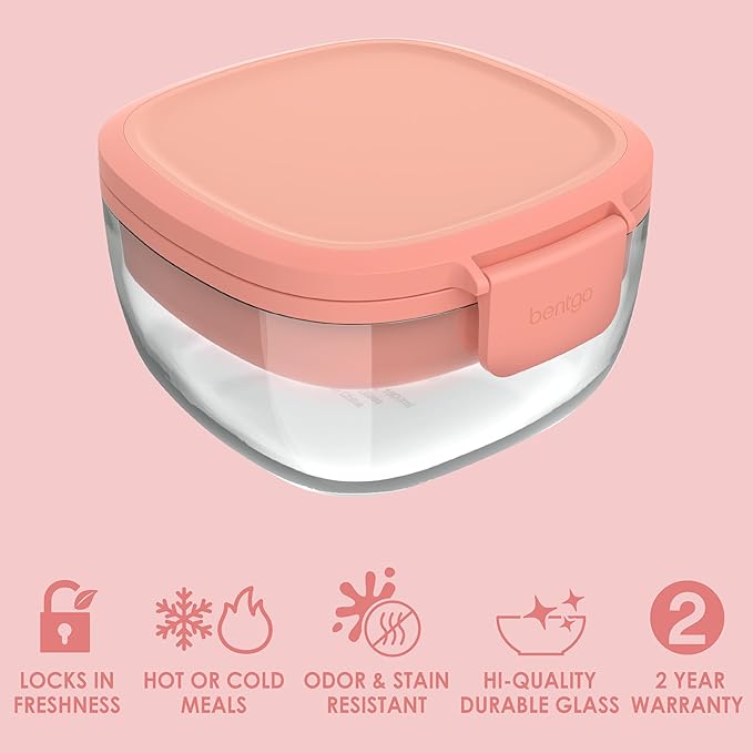 Bentgo Glass Salad Container with Airtight Lid & Leak-Proof Sauce Cup