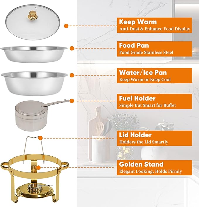 EffiQ-Rate 5QT Round Chafing Dishes for Buffet, Gold, 4 Pack