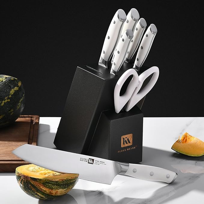 Klaus Meyer Stahl 8-Piece German Steel Kitchen Knife Block Set (White)