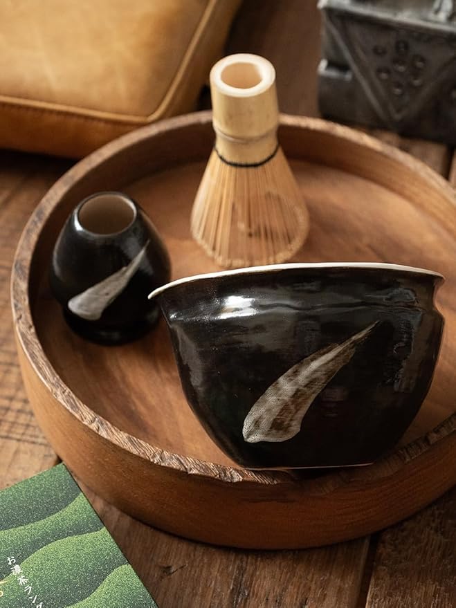 WUSEI Matcha Set with Handmade Ceramic Bowl & Bamboo Whisk, Ink Black,6-Pc