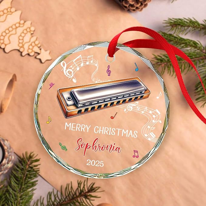 Harmonica Musical Instrument Glass Ornament Xmas 2026, Personalized Text & Name Instrument Christmas Ornament Gifts for Harmonica Player, Musician Xmas Keepsake, Custom Harmonicist Glass Ornaments
