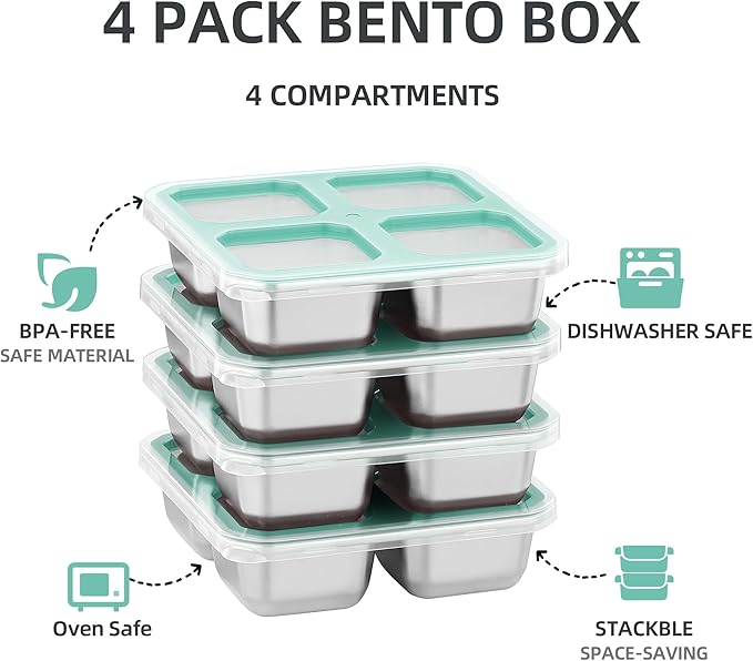 BEFOY 4 Pack Stainless Steel Snack Containers with Lids 4 Compartment Food Storage Containers for Adults & Kids Meal Prep Containers Reusablele (blue, 2)