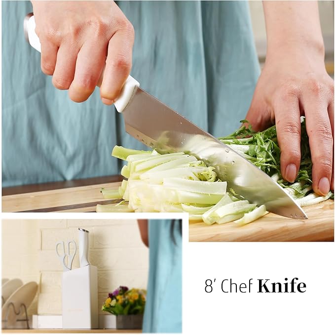 Diamosteel White Knife Set with Wooden Block, 7-Piece Knife Block Set