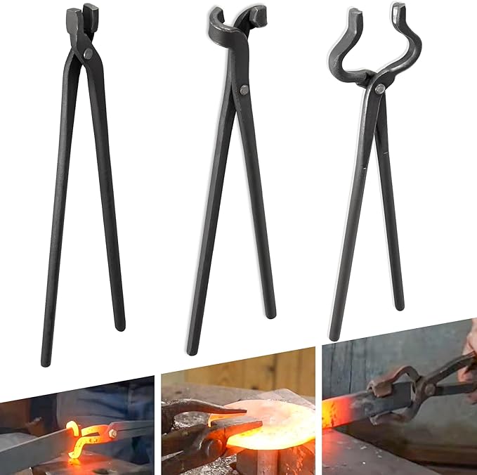 V-SEK Blacksmith Tongs Set - V-Bit, Blade, Flat, Steel Forge Tongs (3PCS)