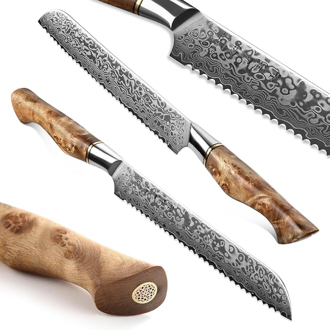 HEZHEN 8.3-Inch Bread Knife – 67 Layers Damascus Steel, Professional Serrated Slicer for Sourdough & Artisan Bread, Figured Sycamore Handle
