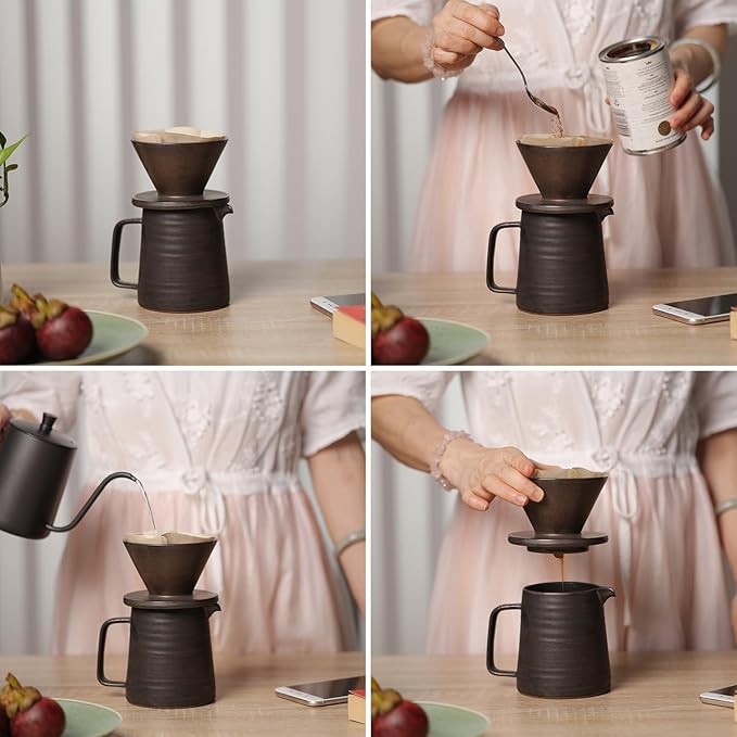 globe faith Stoneware Handmade Pour Over Coffee Maker Set, Ceramic Coffee Brewer Hand Drip Cone Dripper & Coffee Pot Microwaveable Decanter, Retro Metallic Glaze, 16oz
