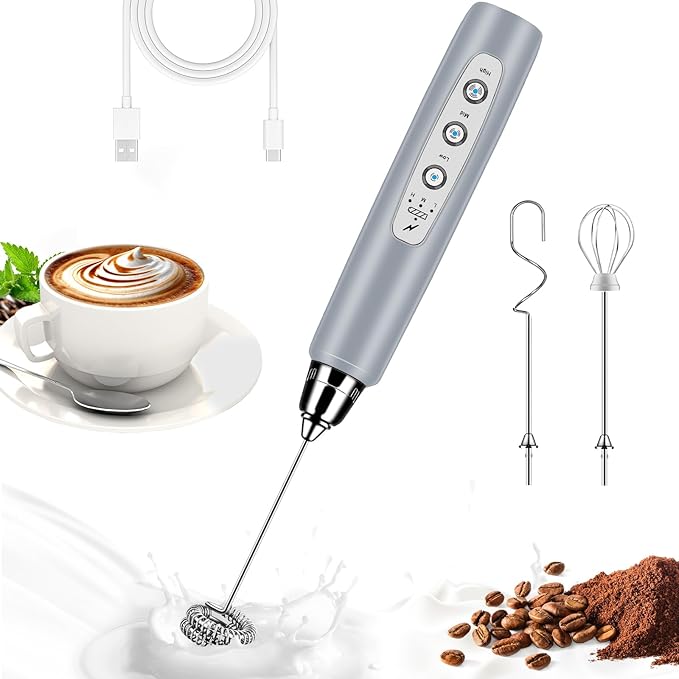 Milk Frother Wand Rechargeable Handheld Whisk Coffee 3 Speed Adjustable