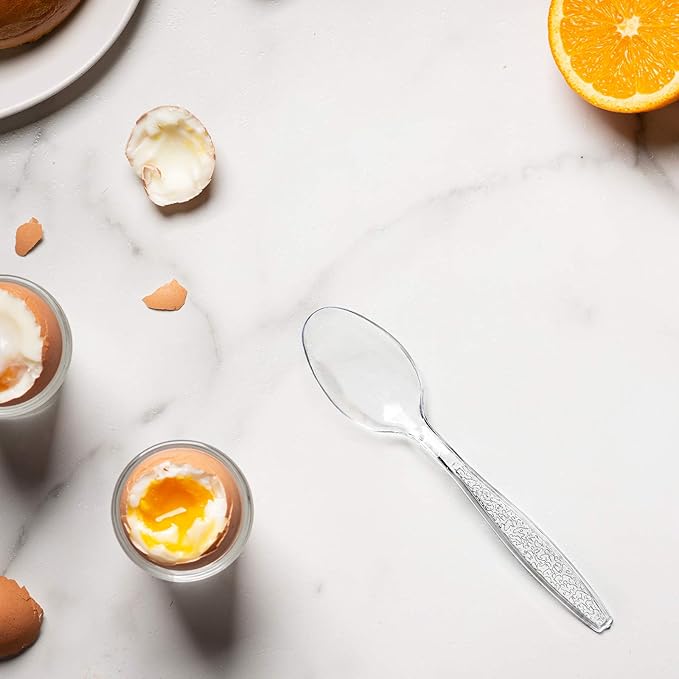 GUSTO [300 Pack] Heavyweight Clear Plastic Tea Spoons with Engraved Design - Disposable Sturdy Plastic Utensils for Parties, Weddings, and Events (Formerly Comfy Package)