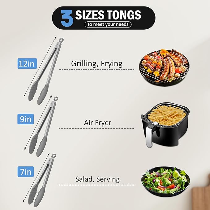 EEKEDO Kitchen Tongs with Silicone Tips, Tongs for Cooking 7", 9" & 12"