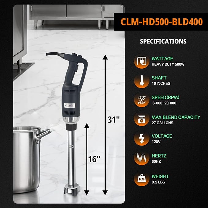 COOLUMA Commercial Immersion Blender, 500W Heavy Huty Hand Blender With 16 Inch Removable Shaft, 6,000-20,000 RPM Variable Speed, Industrial Hand Mixer For Pro Restaurant Kitchen.