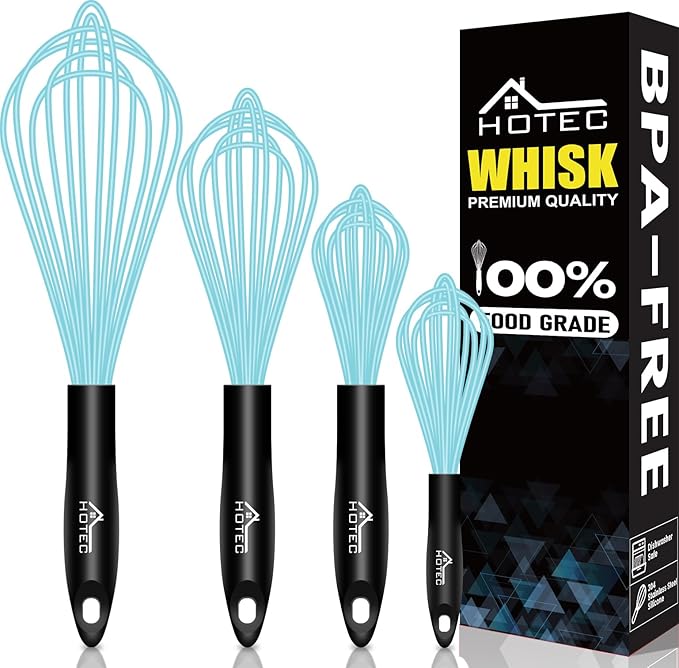 HOTEC 4 Pieces Silicone Whisks Set, Wire Balloon Whisks for cooking Egg Beater, Non-slip Handle Whisk for Non-stick Cookware Perfect for Cooking, Stirring, Beating and Blending,Blue