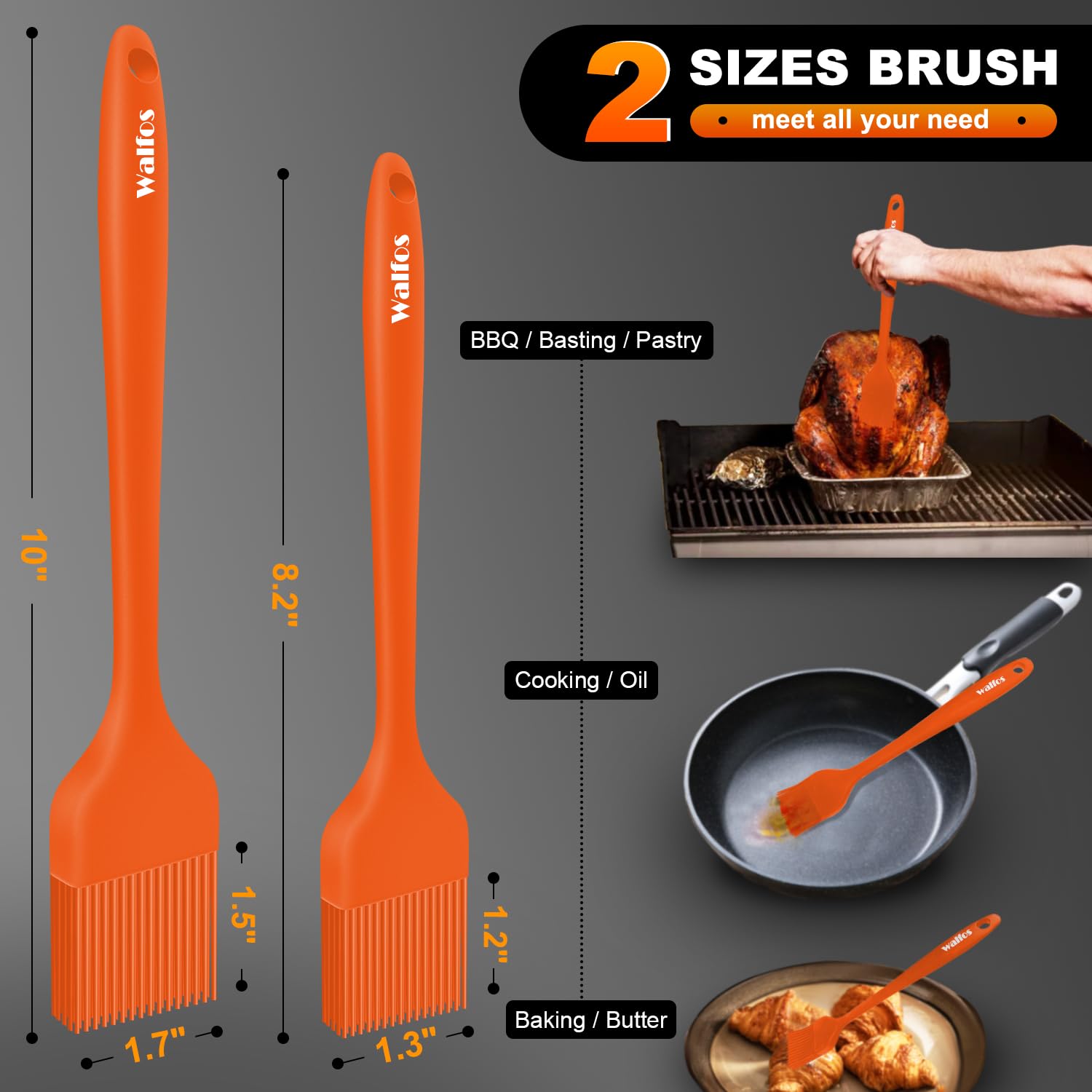 Walfos 600℉ Heat Resistasnt Pastry Brushes, BPA Free Silicone Basting Brush for Cooking, Spread Oil Butter Sauce for Baking Kitchen BBQ Grill, Dishwasher Safe, 2 Size (Large and Samll)