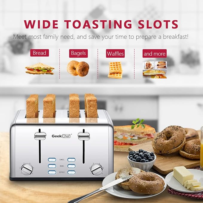 Toaster 4 Slice, Geek Chef Stainless Steel Extra-Wide Slot Toaster with Dual Control Panels of Bagel/Defrost/Cancel Function, 6 Toasting Bread Shade Settings, Removable Crumb Trays, Auto Pop-Up