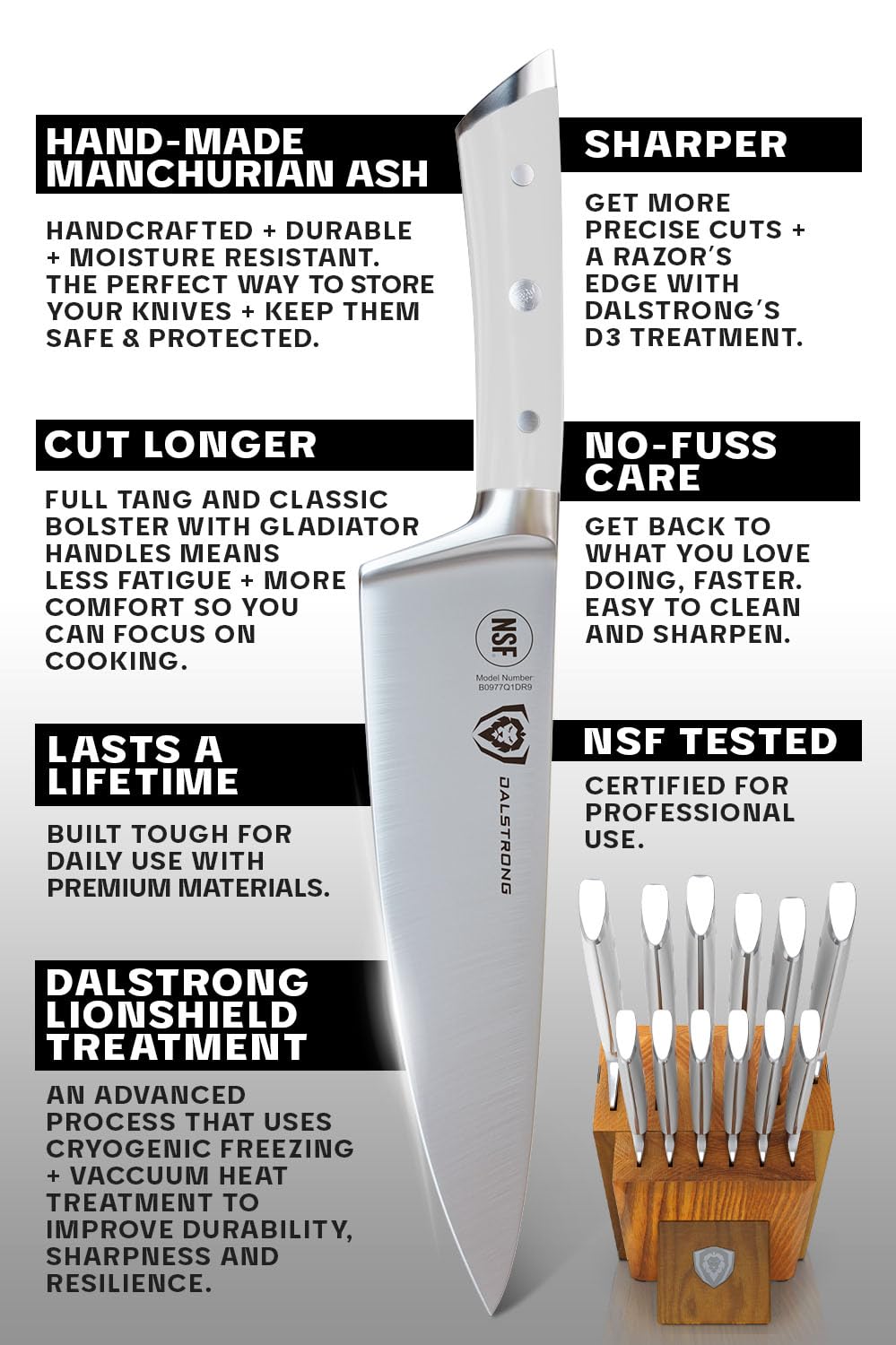 Dalstrong 12-Piece Knife Block Set — White Handles, Hand-Made Manchurian Ash Block — German HC Steel, 56+ HRC, NSF Certified — For Light Kitchens, Gifting & Complete Knife Coverage, Gladiator ELITE