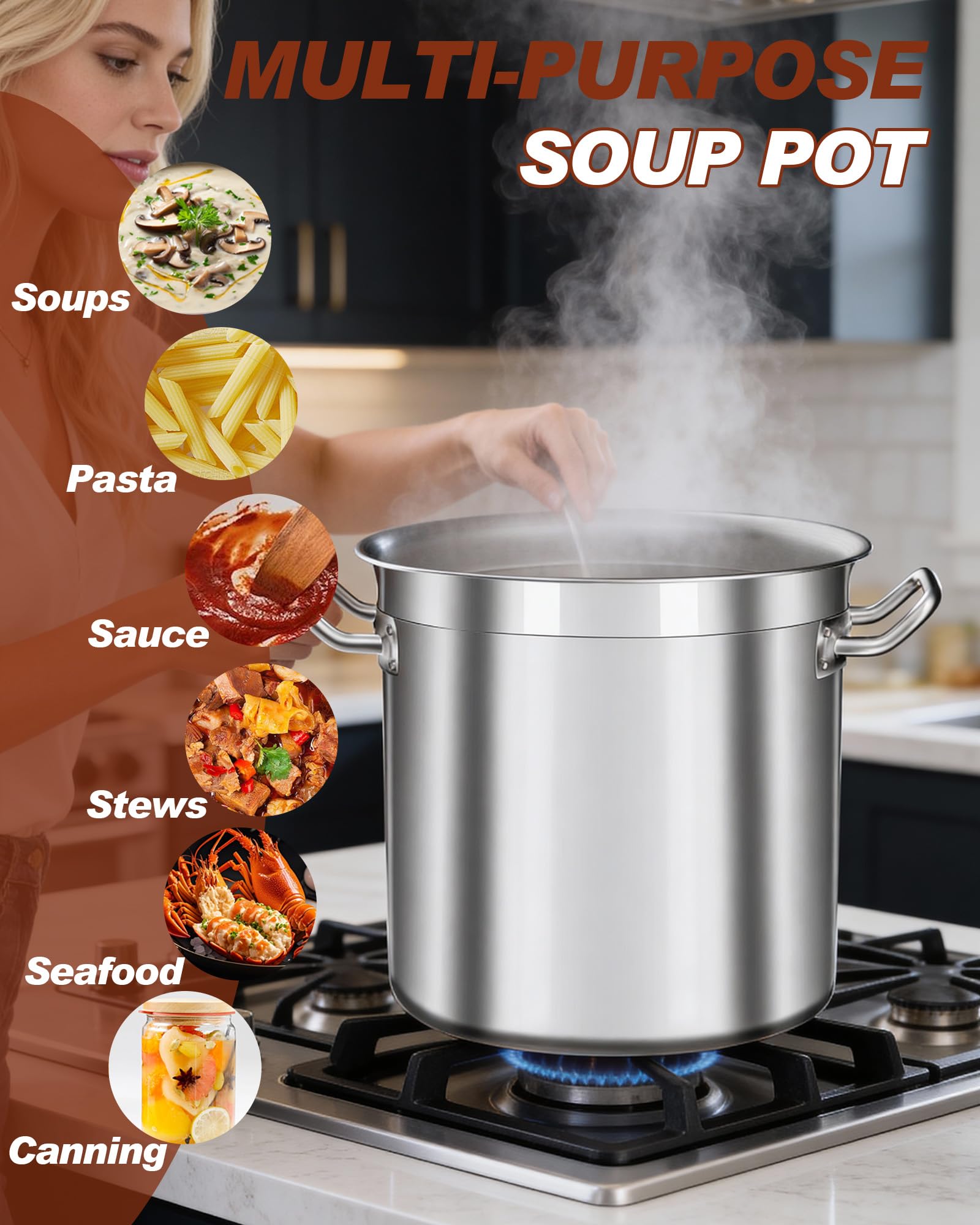 Large Stock Pot 20 Quart - Commercial Grade Soup Pot With Glass Lid - Nickel Free Stainless Steel Cookware - Healthy Polished Stockpots - Heavy Duty Induction Pots