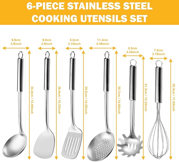 Gymdin 6-Piece Kitchen Cooking Utensils Set, Stainless Steel Kitchen Utensils with Suspendable Handle, Spatula, Slotted Turner, Soup Ladle, Slotted Spoon, Whisk, Pasta Server, Dishwasher Safe