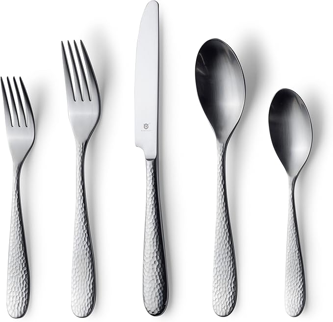 Danialli Matte Silverware Set, 18/10 Stainless Steel Satin Flatware, Modern Brushed Finish Cutlery, Dishwasher Safe & Durable, Built to Last (60-Piece, Fidenza Hammered)