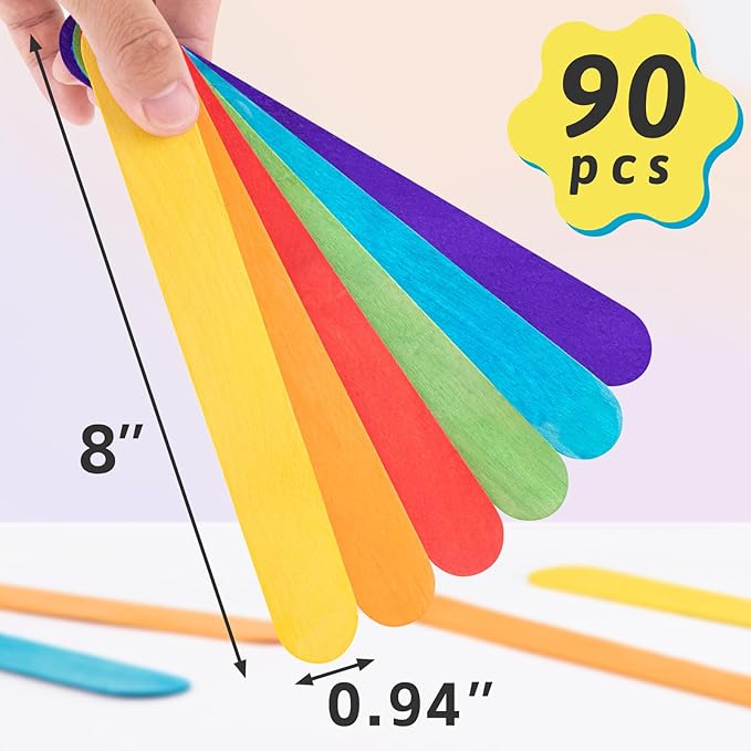 WISYOK 90Pcs 8 Inch Craft Sticks, Jumbo, Colorful