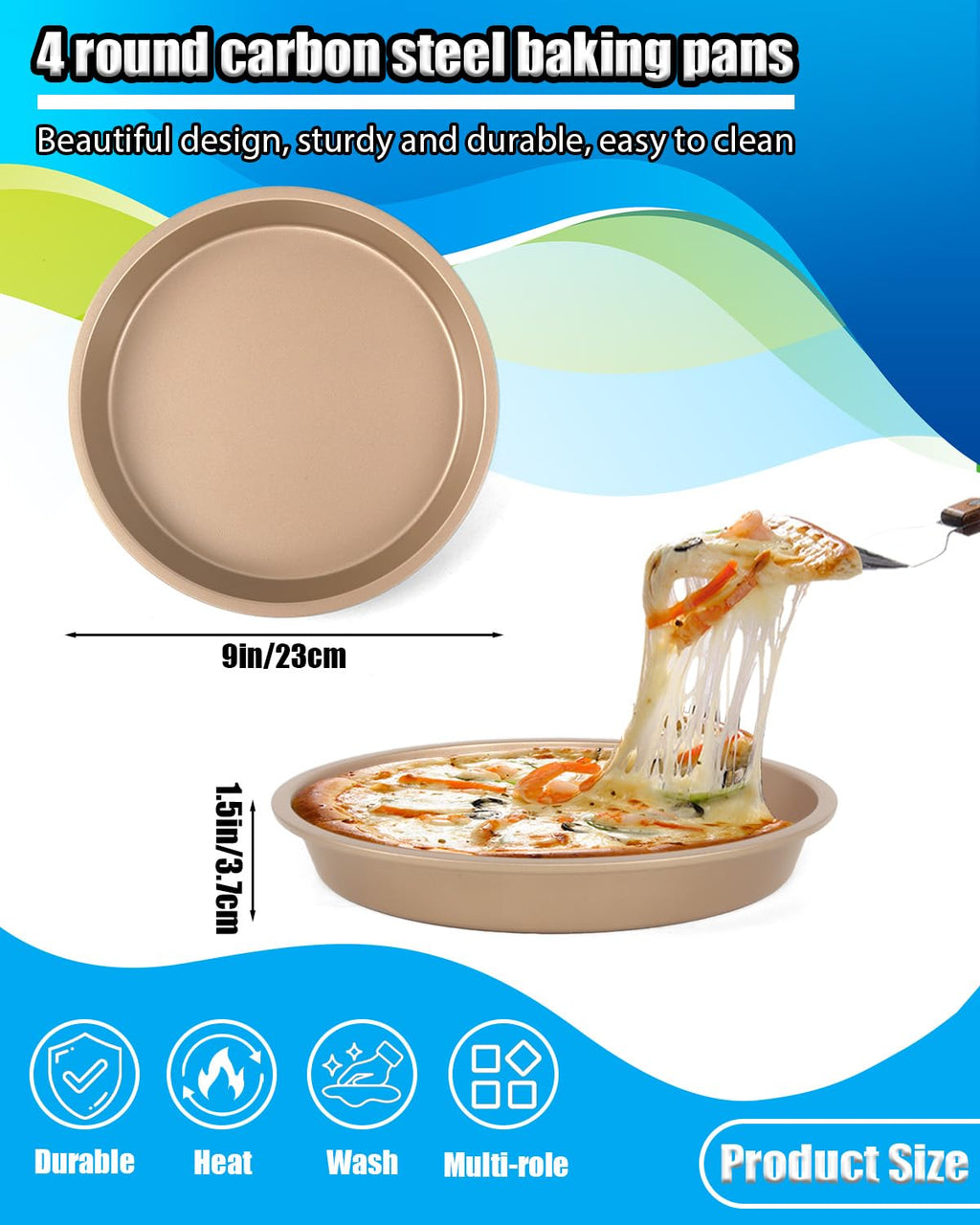 Wuqoioo Round Cake Pans, 4 Pack 9" Nonstick Baking Cake Pans Circle Cake Pan For Birthday Wedding Christmas, Steaming Serving (Gold)