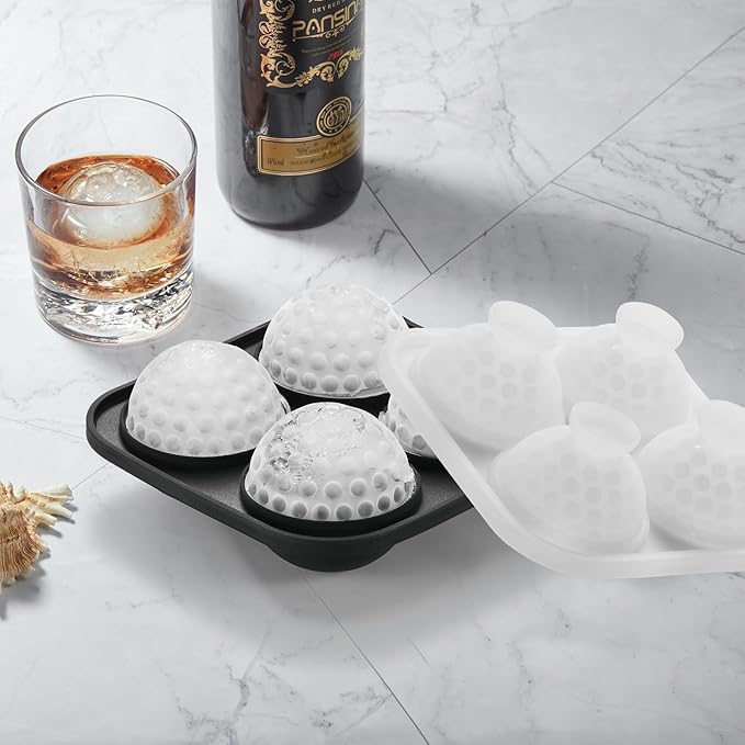 ACOOKEE Novelty Golf Gifts Ball Ice Maker Mold, 2.2" Large Sphere Round Ice Cube Mold for Cocktails, Whiskey, Bourbon Chilling, 4 Hole Fun Shapes Big Silicone Circle Ice Cube Trays