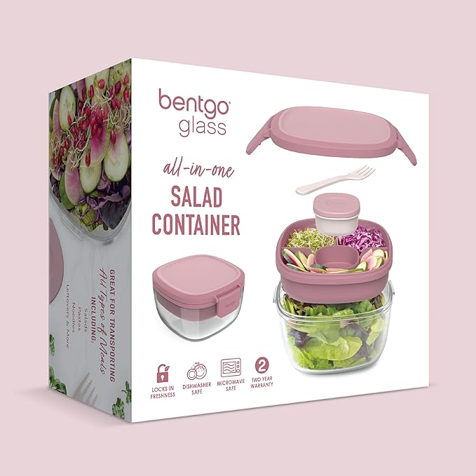 Bentgo Glass Salad Container with Airtight Lid & Leak-Proof Sauce Cup