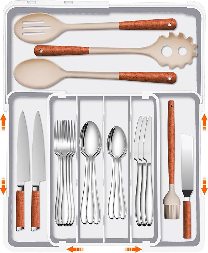 Spaclear Silverware Drawer Organizer, Adjustable Utensil Tray for Kitchen Drawer, 19 x 15 Inches Flatware and Cutlery Holder, Expandable Plastic Storage for Spoons Forks Knives, 4-7 Slots, White