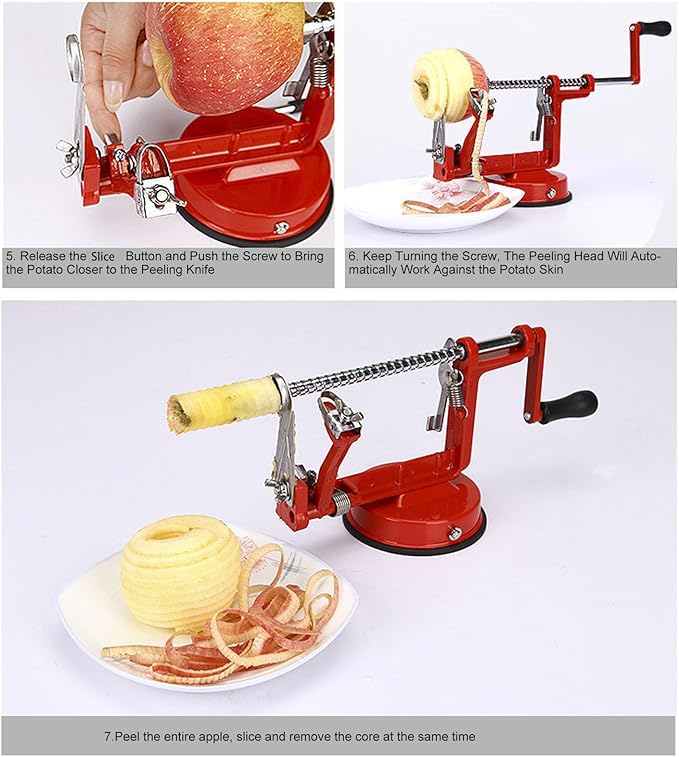 Apple Peeler Corer, Apple Peeler, 3 in 1 Peel Slice Remove Core, with Suction Base Suitable for Apples, Pears, Potatoes, Carrots (Red)