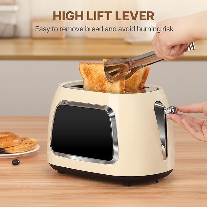 Culinaid Toaster 2 Slice Smart Touch Screen, Retro 1.5'' Extra Wide Slot Stainless Steel Digital Bread Toaster with Memory Function, Bagel, Defrost, 6 Browning Levels and Removable Crumb Tray, Cream