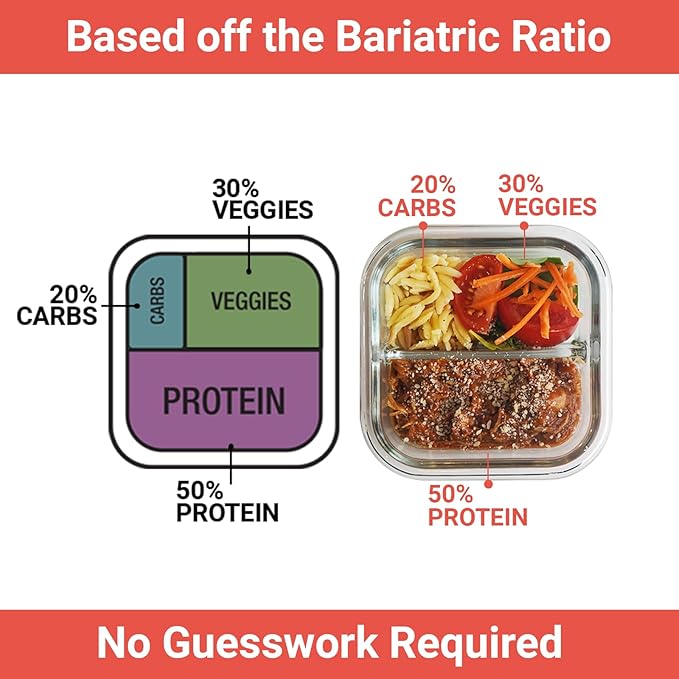 BariBowl Portion Control Containers for Bariatric Meals – 8 oz Glass Meal Prep Containers with Two 4 oz Compartments and Lids (3 Pack), Reusable Bento Lunch Boxes
