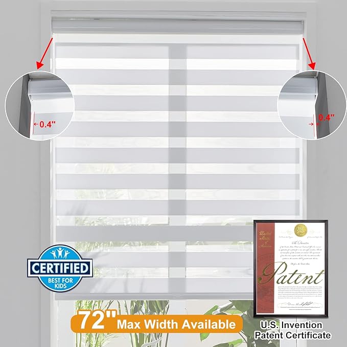 Persilux Zebra Cordless Roller Shades for Windows, Privacy Day & Night Shades (42" W x 72" H, White) for Sliding Door, Home & Office