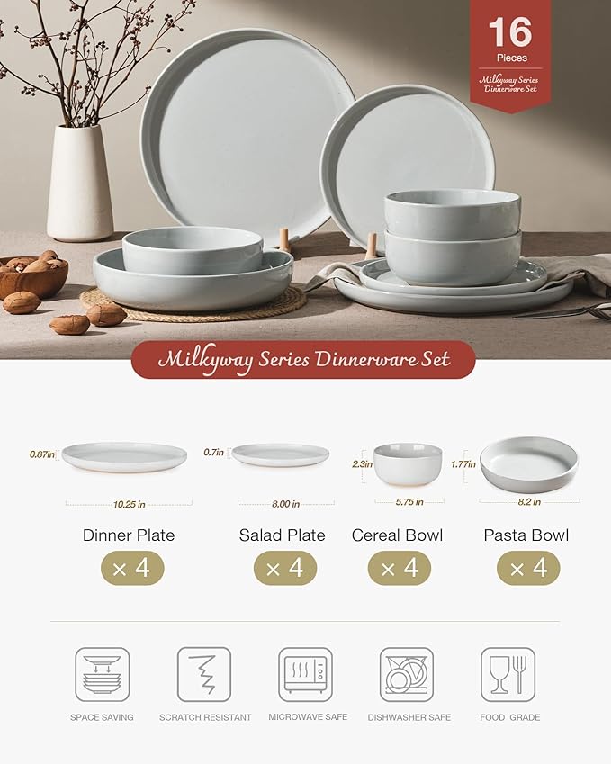 Famiware Milkyway 16-Piece Stoneware Plates and Bowls, Light Gray