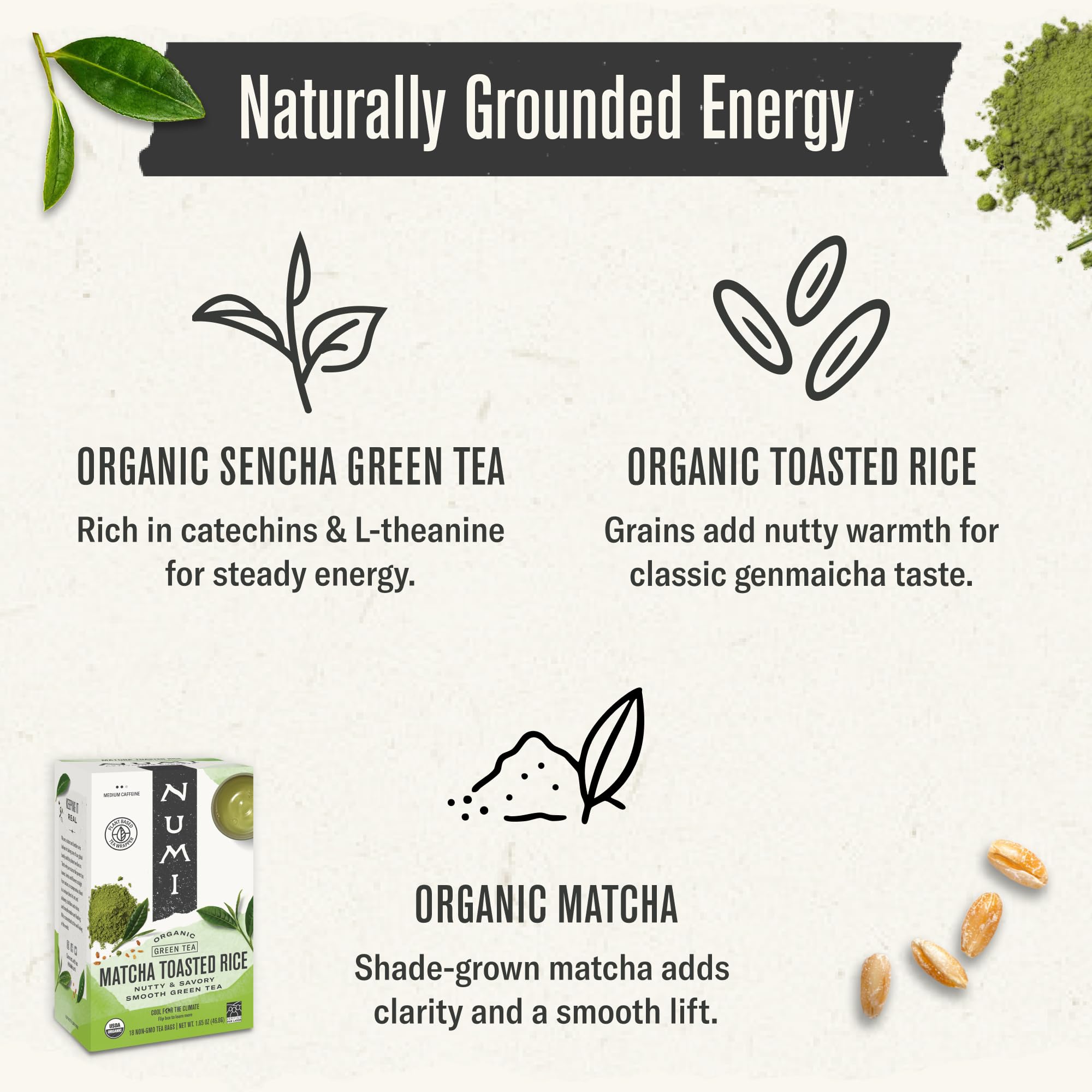 Numi Organic Matcha Toasted Rice Tea, 18 Green Tea Bags, Medium Caffeine