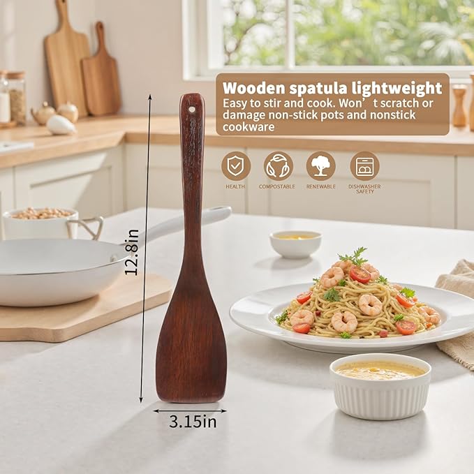 Wooden Spatula for Cooking, Long Handle Flat Spatulas for Frying Pan, Left and Right Hand Wood Turner for Cooking Kitchen Utensils