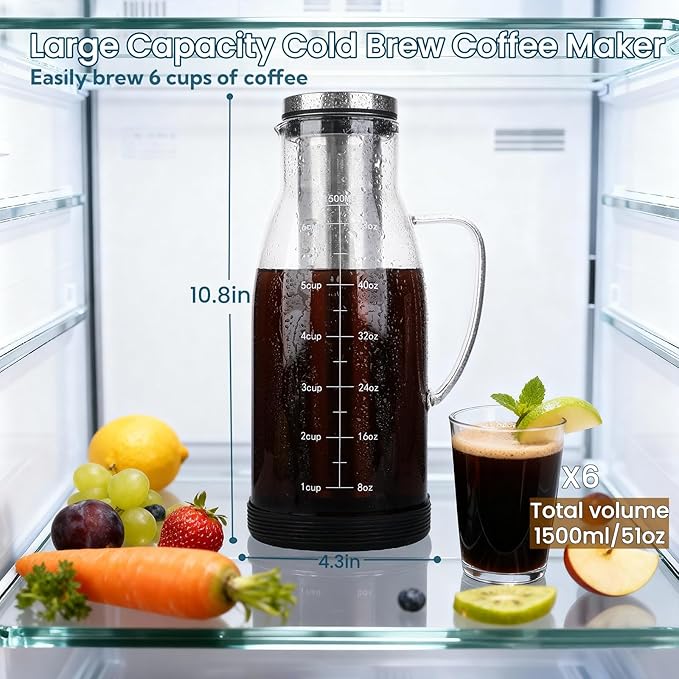CHDEXU Airtight Cold Brew Coffee Maker Pitcher 51oz, Glass Iced Coffee Maker Pitcher with Removable Stainless Steel Filter and Non-Slip Base, 1.5L Iced Tea Maker