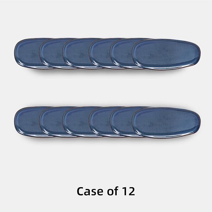 Organic Shape Highland Ceramic Serving Tray, 12pcs 11.625 * 5.125inch Handmade Reactive Glaze Stoneware Tray with Wavy Edge, for Kitchen, Microwave & Dishwasher Safe, Scratch Resistant-Blue
