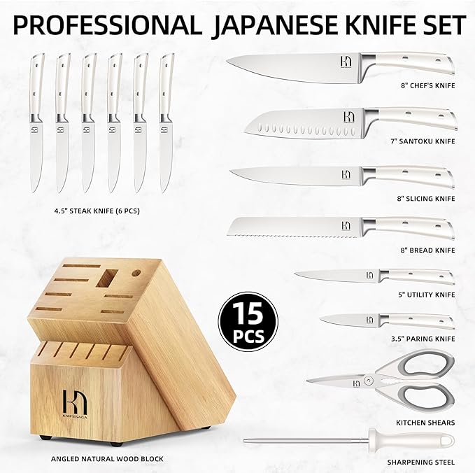 KnifeSaga Japanese 15-pc Kitchen Knife Block Set, Professional, Razor Sharp