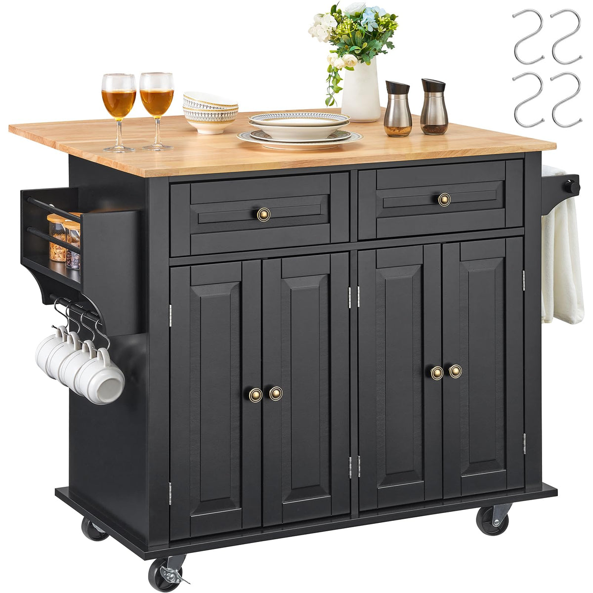 VEVOR Kitchen Island Cart with Single Door Cabinet, Mobile Carts with Drawer, Towel Rack, Hooks, Portable Table on Swivel Wheels, Small Coffee Islands Microwave Stand for Dining Room, 18x23 in, White