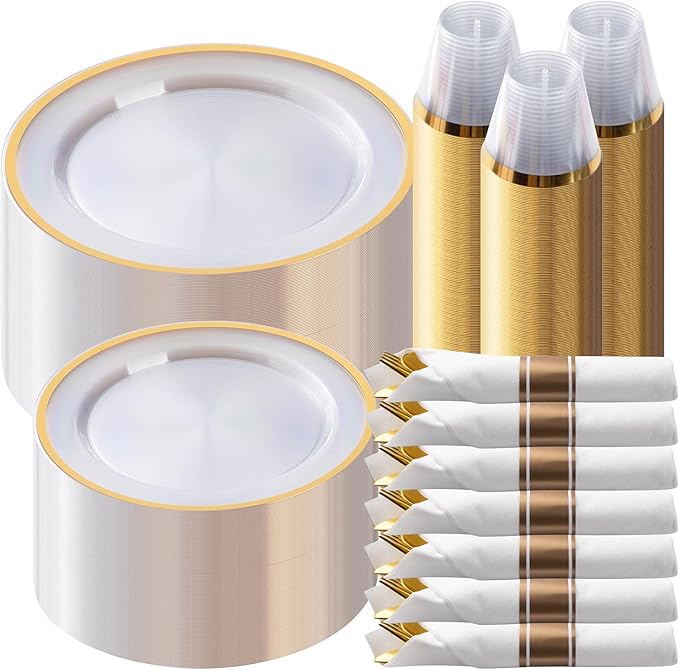 Goodluck 350 Piece Clear Gold Disposable Plastic Dinnerware Sets for Party