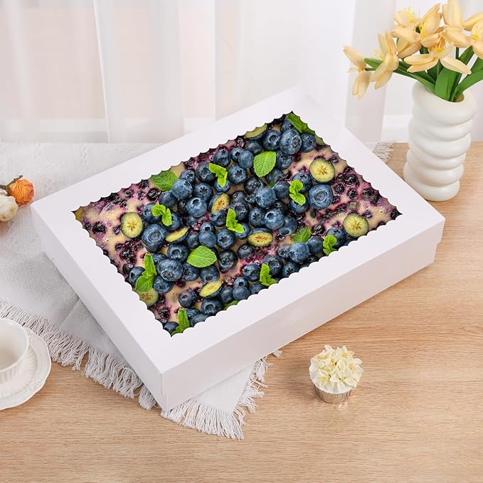 PFAMKEER 12pcs 19x14x4 inch Cake Boxes with Window，White Rectangle Sheet Large Bakery Boxes for Pastry Dessert Cake, Cupcakes Donuts Cookies Pie Treat Packaging
