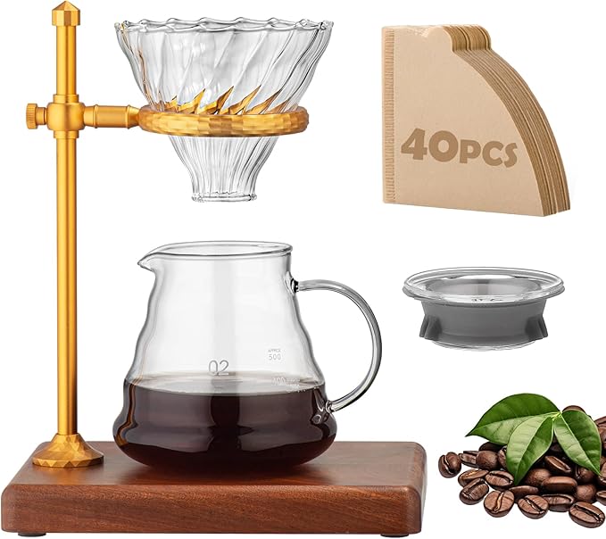shoxil Pour Over Coffee Maker Set – Glass Coffee Dripper with Stainless Steel Stand, Wooden Base & 40 Filters – Travel Filter Coffee Maker
