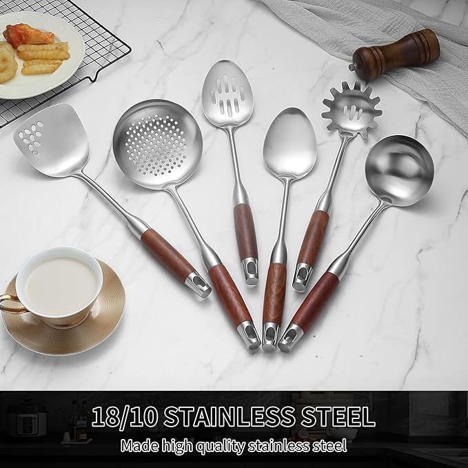 Izurok 18/10 Stainless Steel Kitchen Utensils Set,6 Piece Cooking Utensils With Wood Handle,Heat Resistant Kitchen Tool Set With Spatula, Spoon, Ladle, Skimmer, Slotted Spoon, Pasta