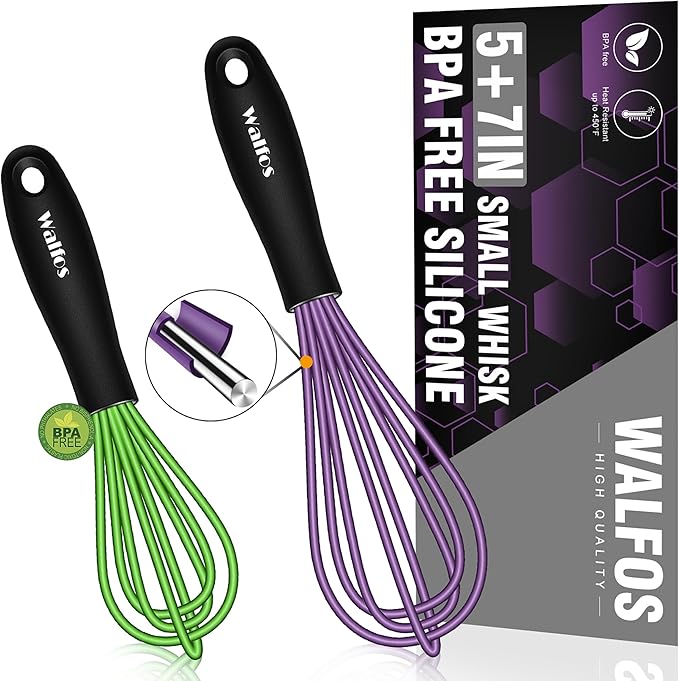 Walfos Whisk,5+7Inch Mini Whisks,Silicone Non Scratch whisk,Heat Resistant(480°F) Small whisks Suitable for stirring individual eggs and mixing small amounts of powder and sauce. Purple & Green