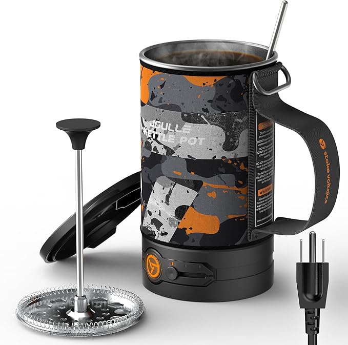 STOKE VOLTAICS Electric French Press Coffee Maker, 120V Boil Water & Press Coffee 2-in-1, Portable Design for Camping, Travel, 6 Minute Brew Ready