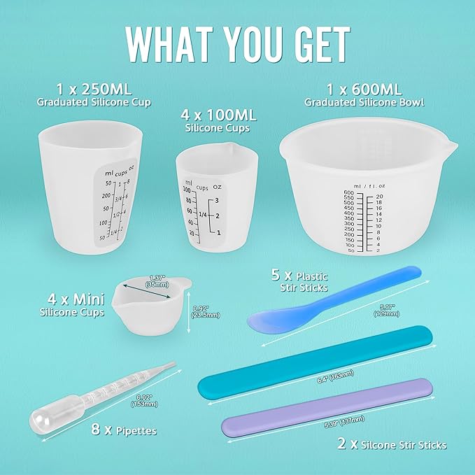 SWIGRANCE Silicone Resin Mixing Measuring Cups for Resin Supplies, Easy-to-Read Marks, 600ml/20oz Bowl, 250&100ml Thickened Reusable Silicone Cups for Epoxy Mixing, with Stir Sticks, Jewelry Making