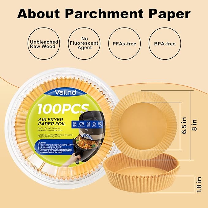 Vailnd 100Pcs 6.5 Inch Round Air Fryer Liners Disposable for 3-5QT