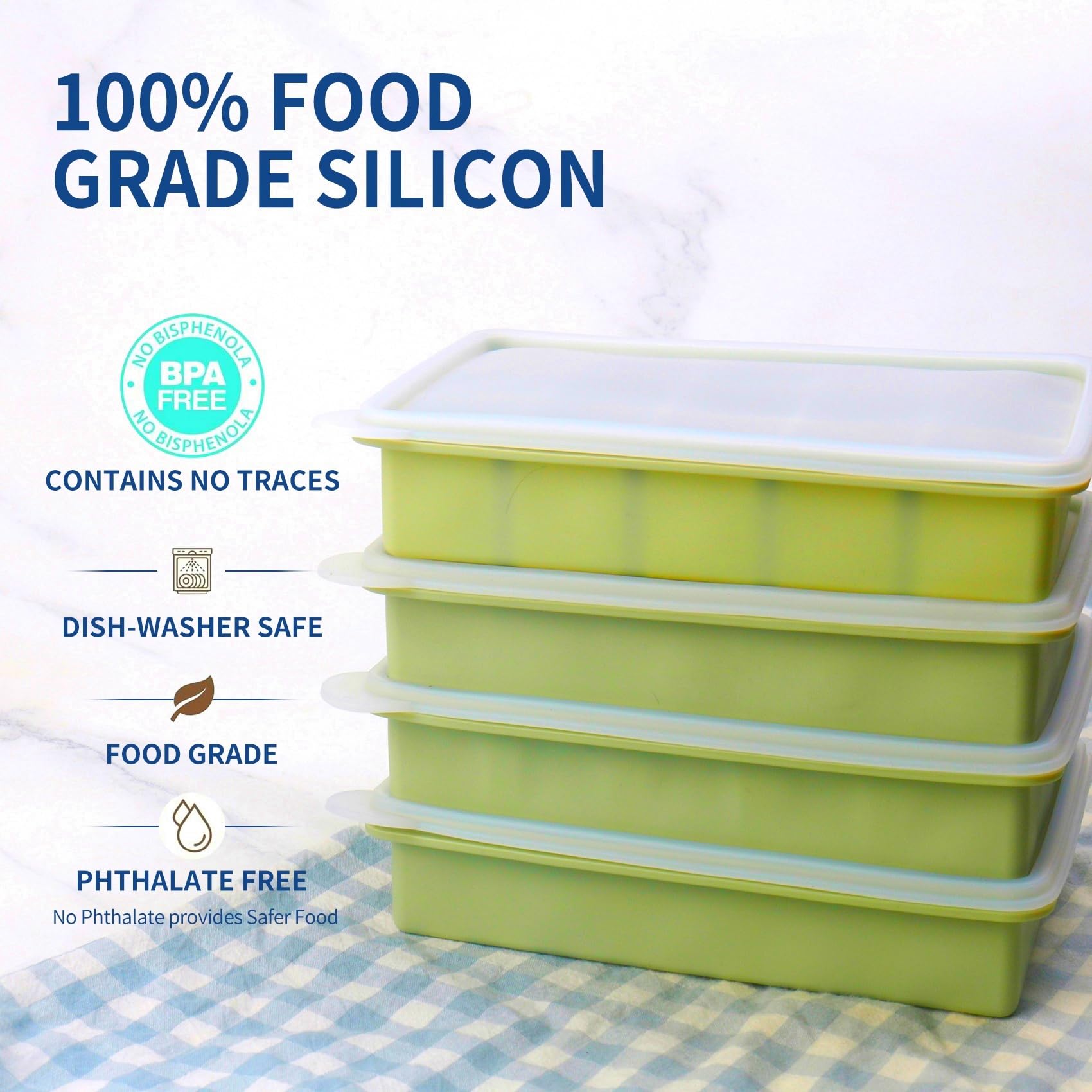2 Tbsp Silicone Freezer Molds - Perfect for Storing Garlic, Herbs, Ginger, Pesto, Tomato Paste, Lemon Juice, Purees and More - Silicone Food Freezer Tray (Green 4 Pack)
