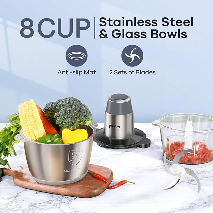 Ganiza Food Processors with 2 Bowls, 450W Meat Grinder Vegetable Chopper