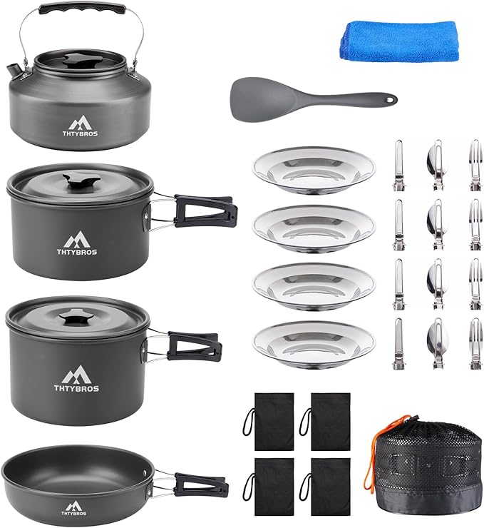 27pcs Camping Cooking set for 2-4 People, Portable Cookware Set with Kettle, Pots & Pans, Stainless Steel Utensils, Plates, Dishware for Backpacking, Picnic, Outdoor Adventures